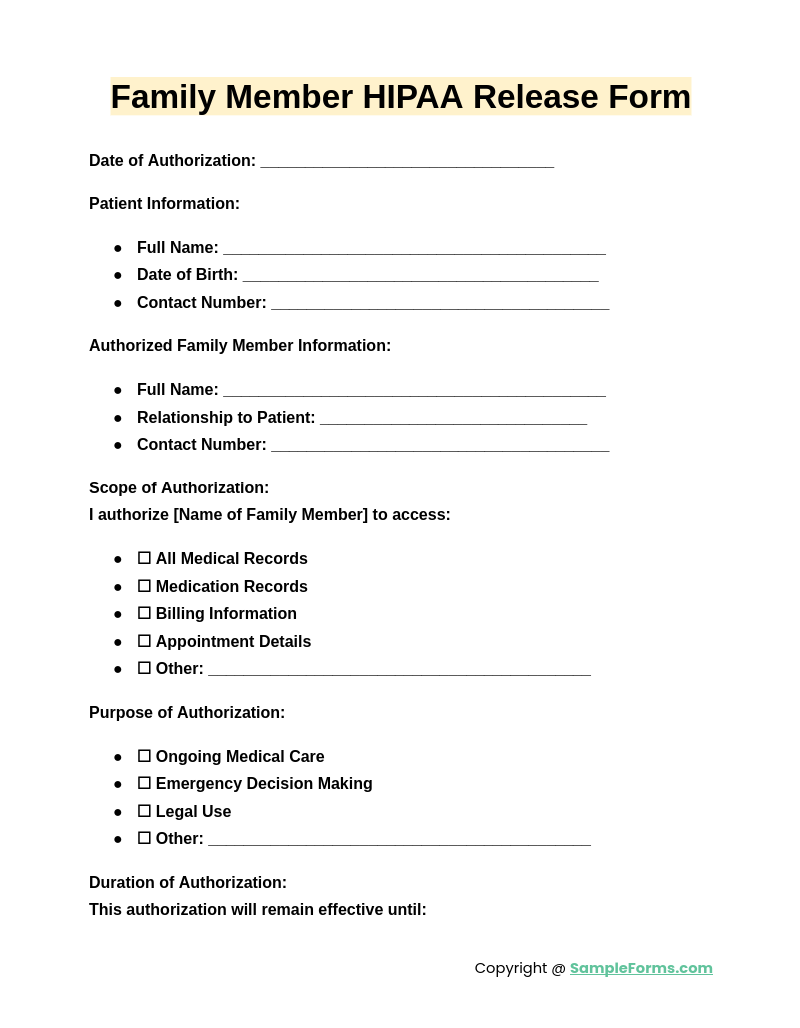 family member hipaa release form