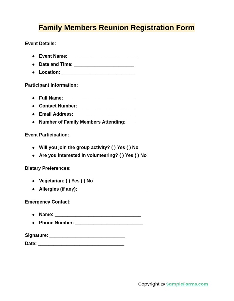 family members reunion registration form