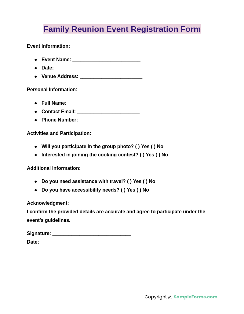 family reunion event registration form