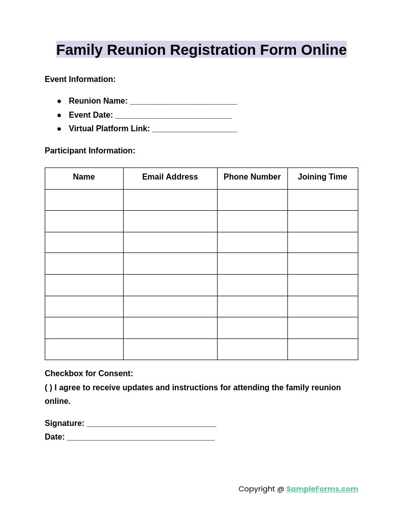 family reunion registration form online