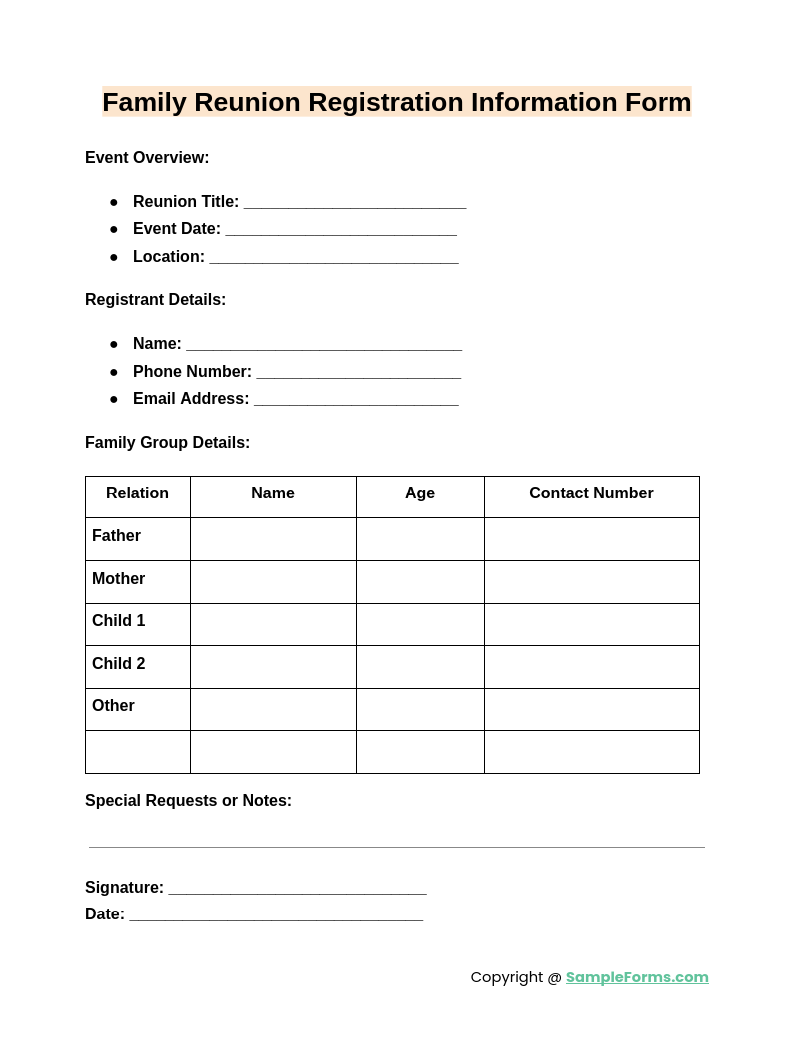 family reunion registration information form