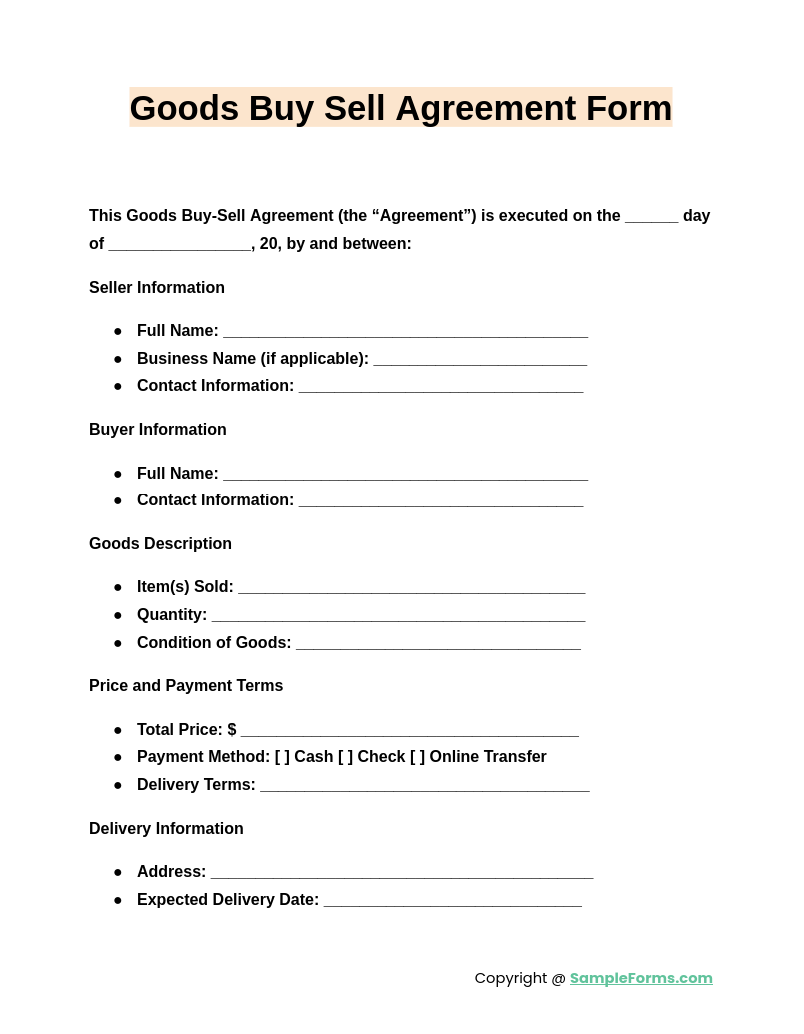 goods buy sell agreement form