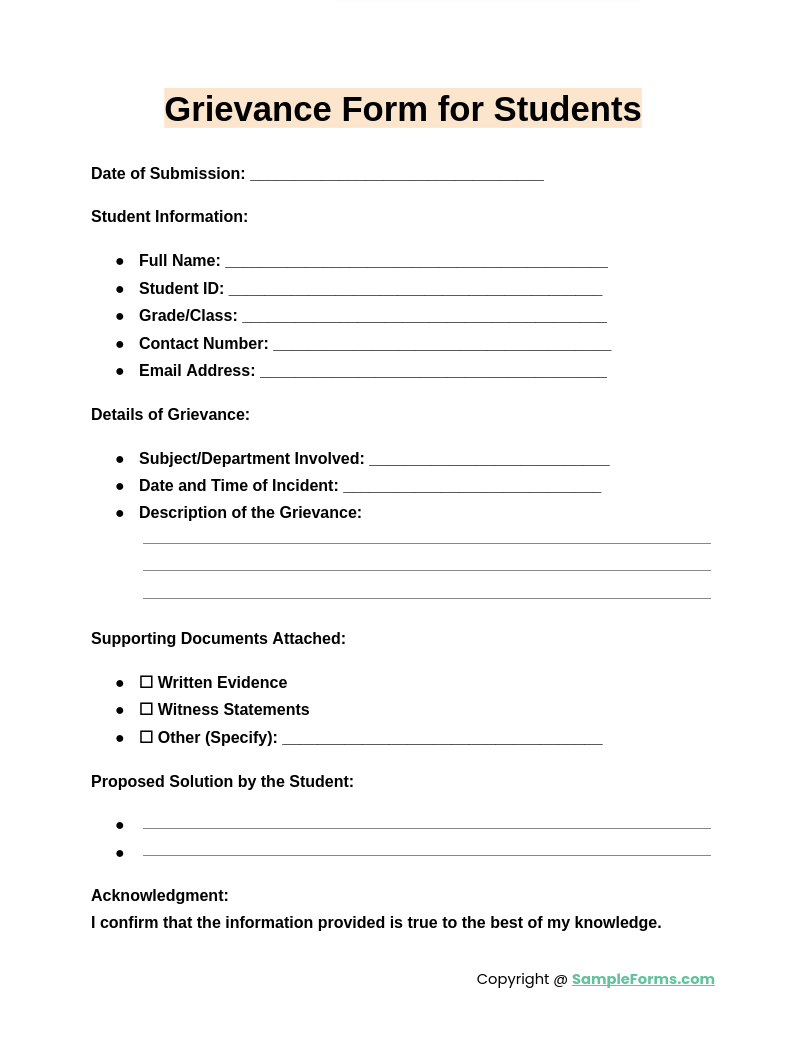 grievance form for students