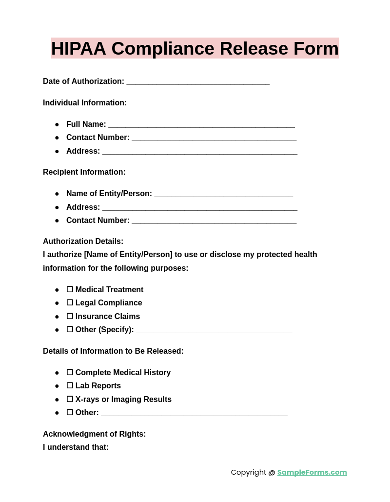 hipaa compliance release form