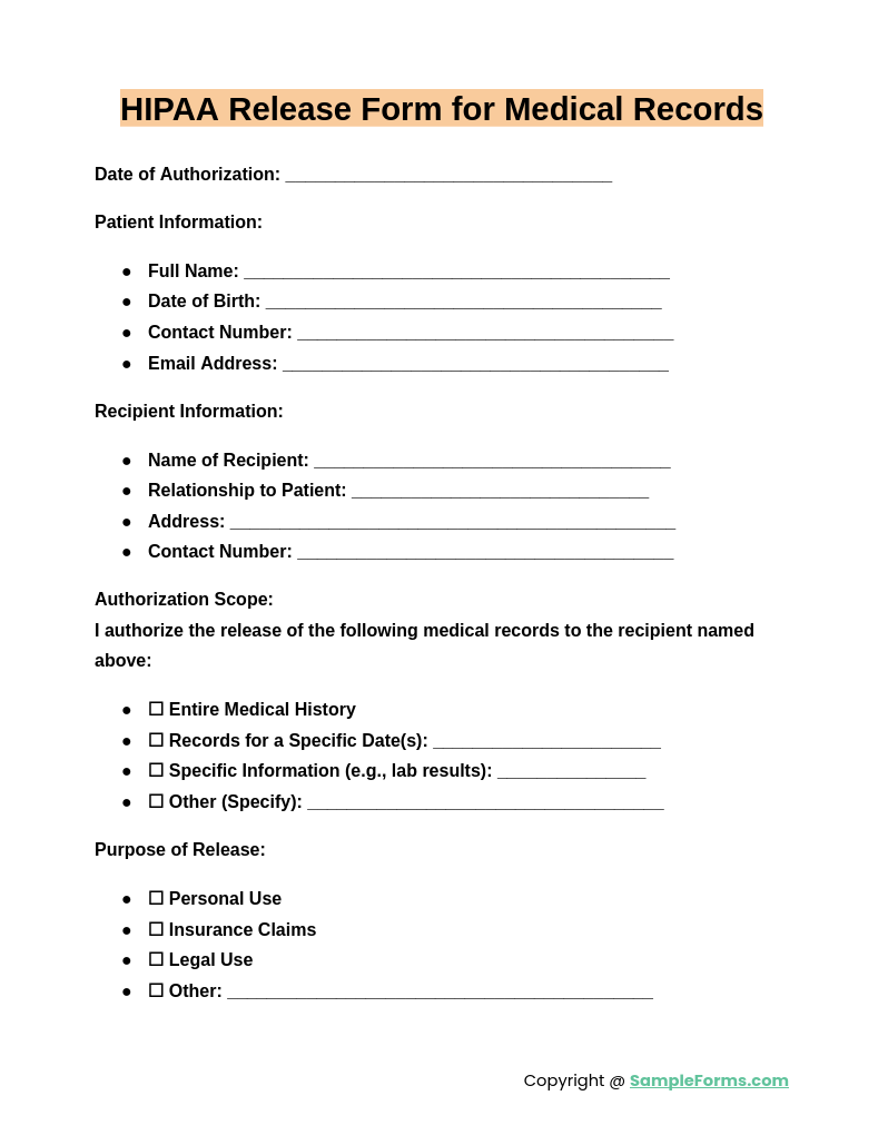 hipaa release form for medical records