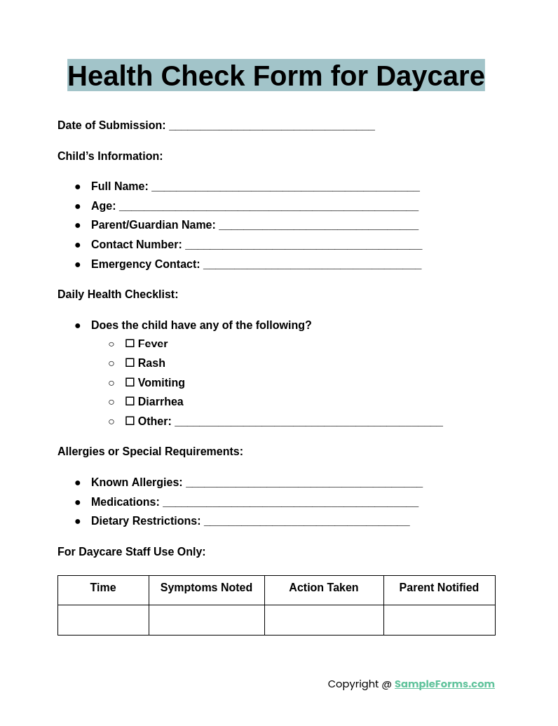 health check form for daycare