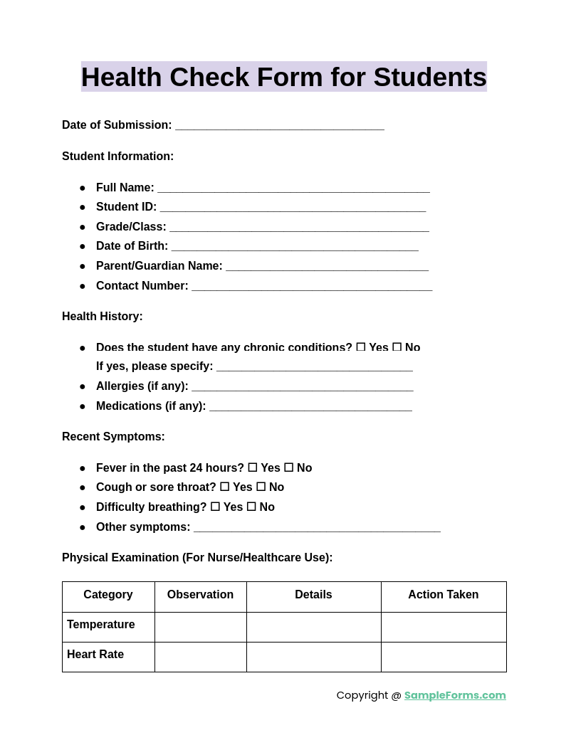 health check form for students