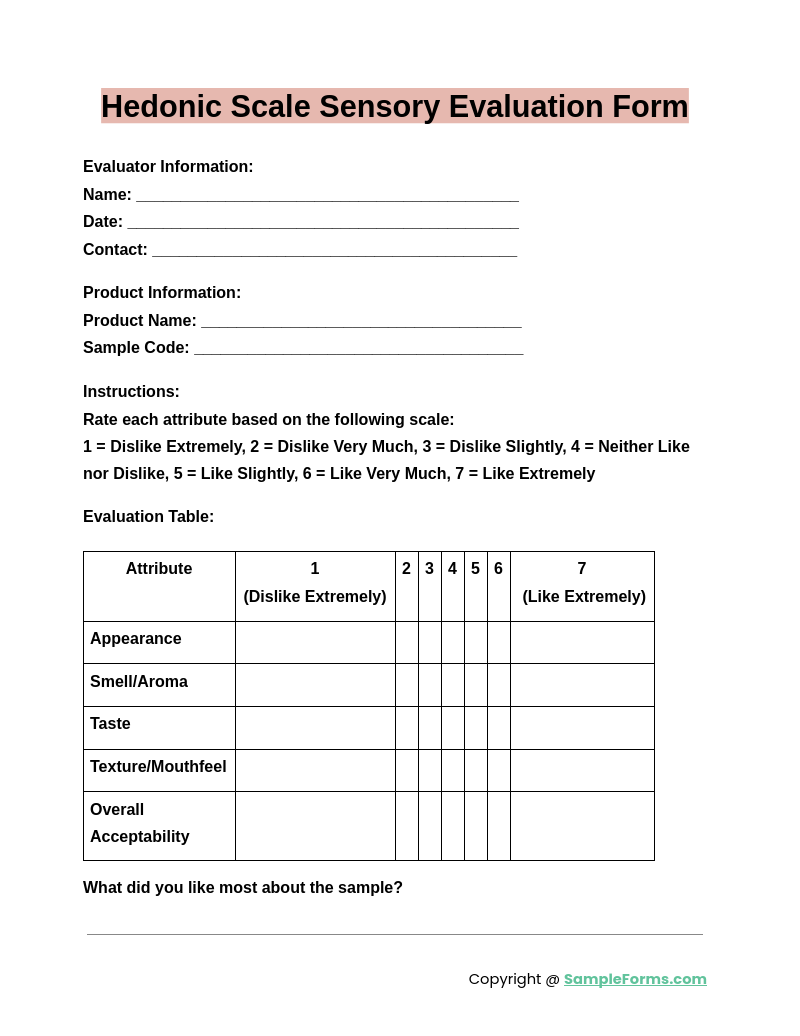 hedonic scale sensory evaluation form