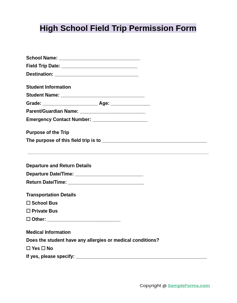 high school field trip permission form