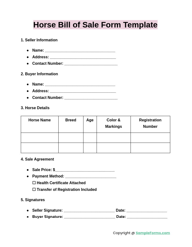 horse bill of sale form template