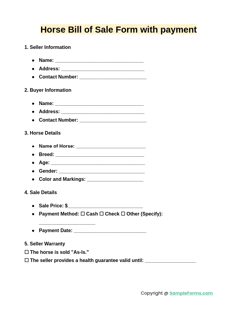 horse bill of sale form with payment