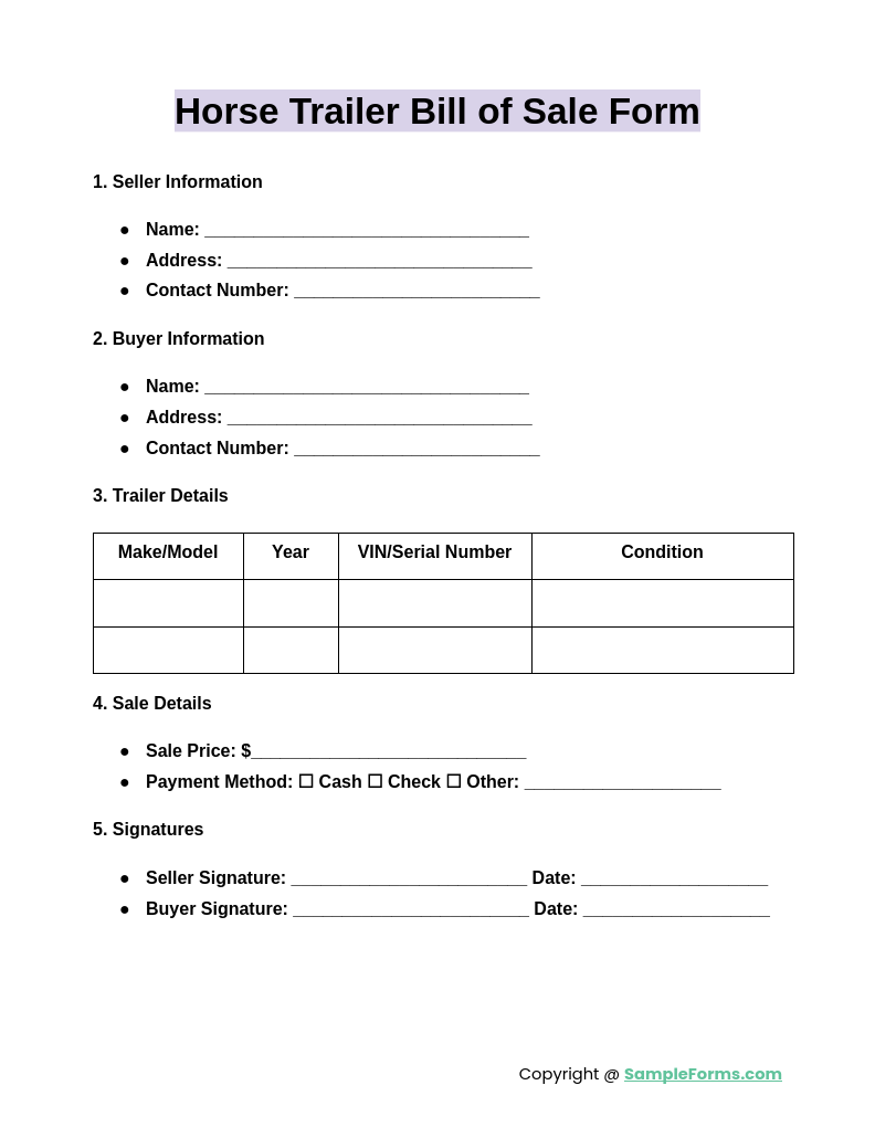 horse trailer bill of sale form