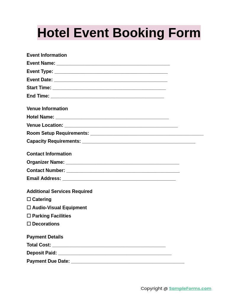 hotel event booking form