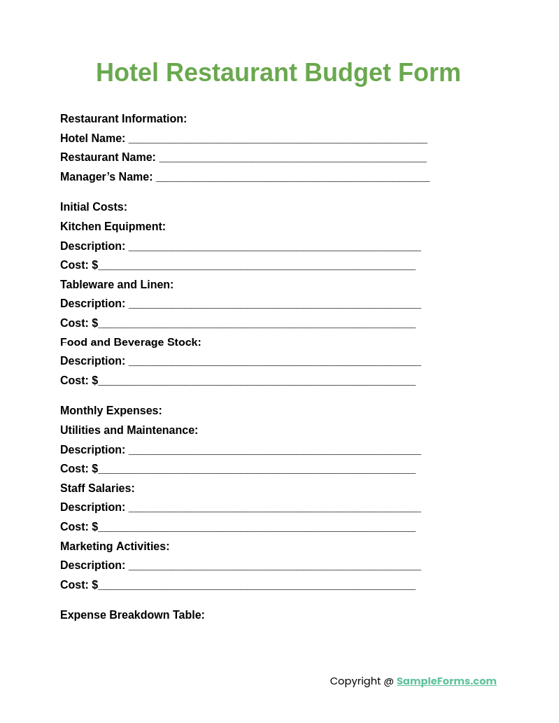 hotel restaurant budget form