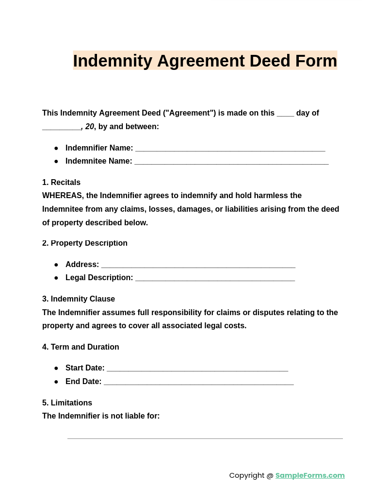 indemnity agreement deed form