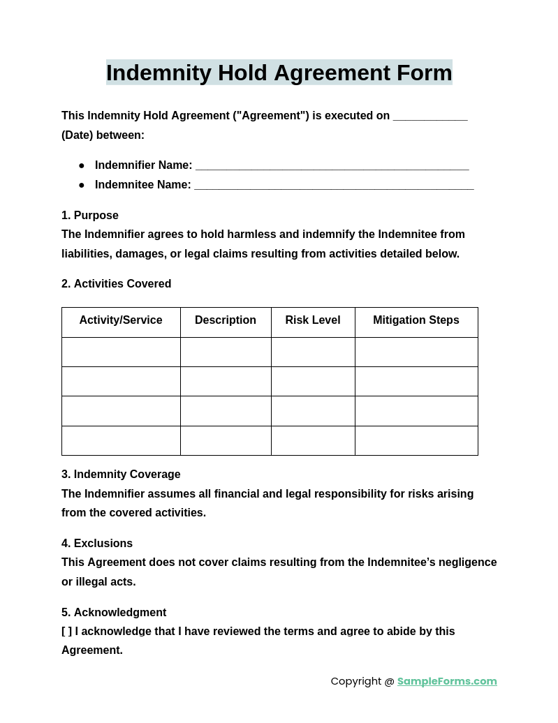 indemnity hold agreement form