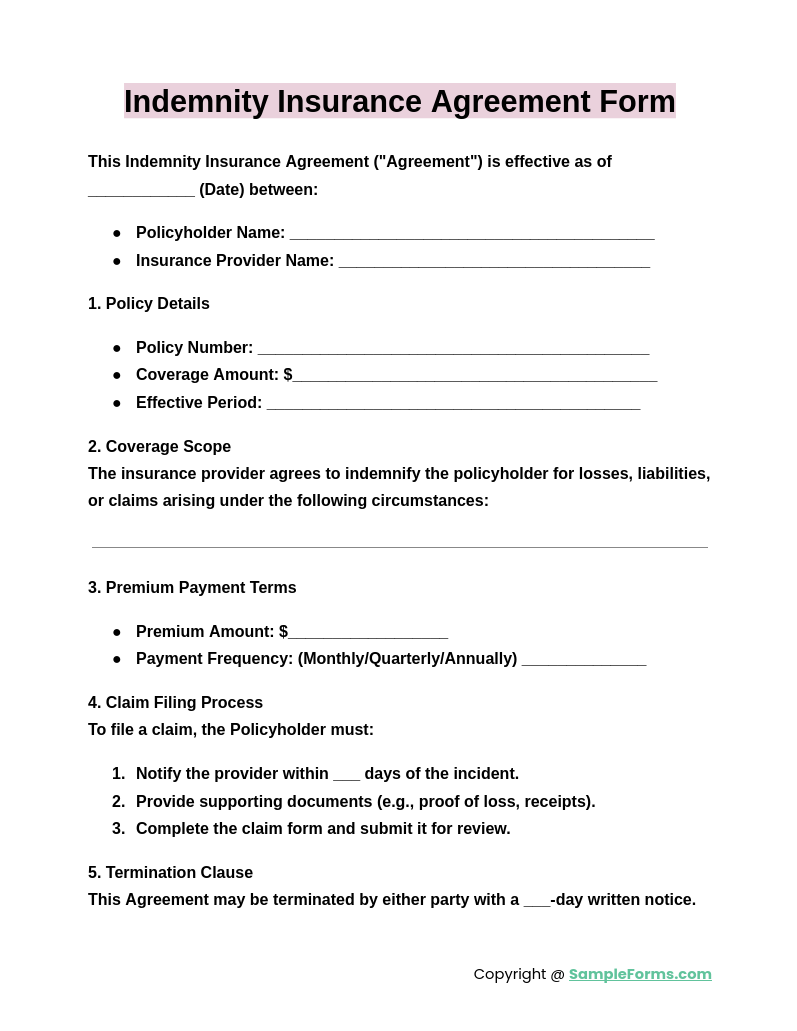 indemnity insurance agreement form