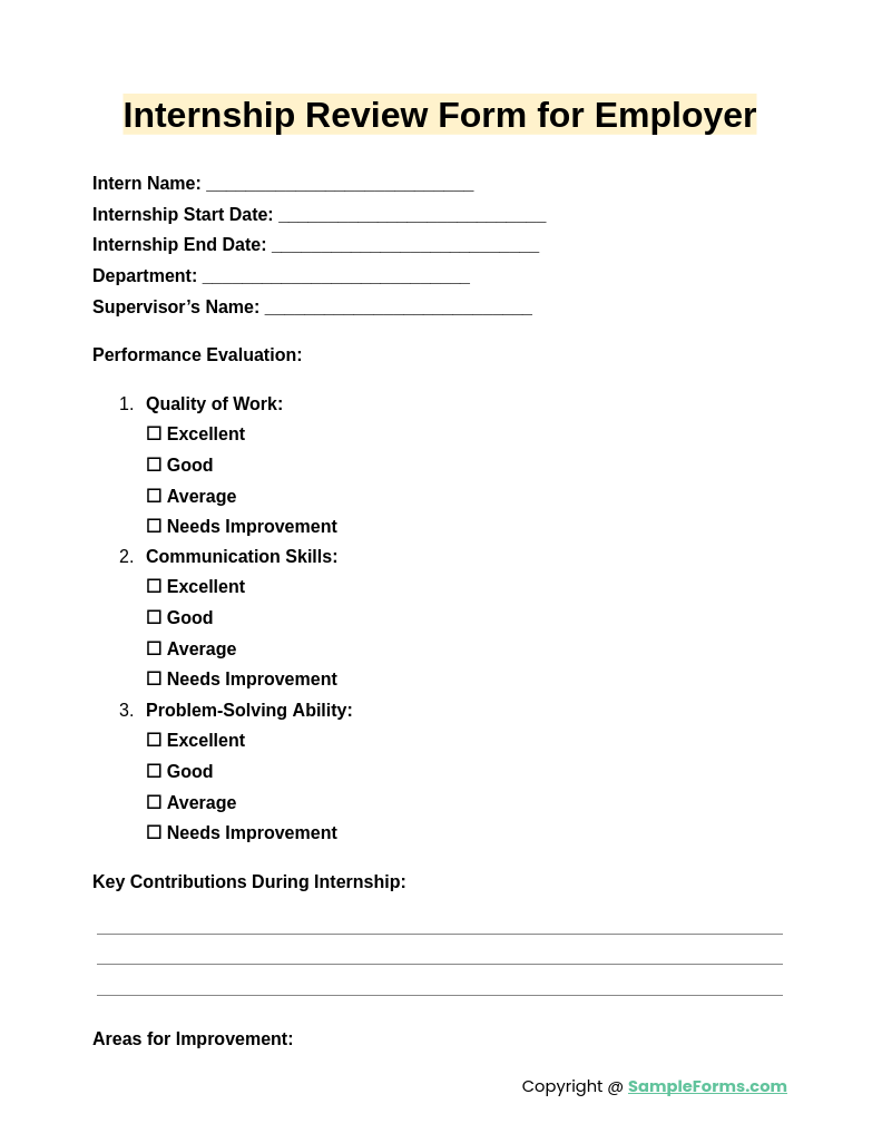 internship review form for employer