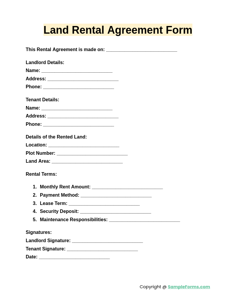 land rental agreement form