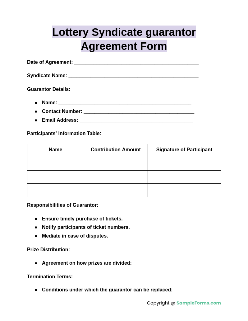 lottery syndicate guarantor agreement form