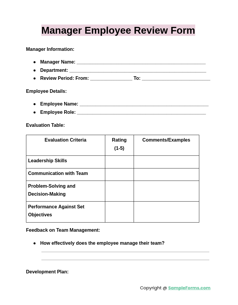 manager employee review form