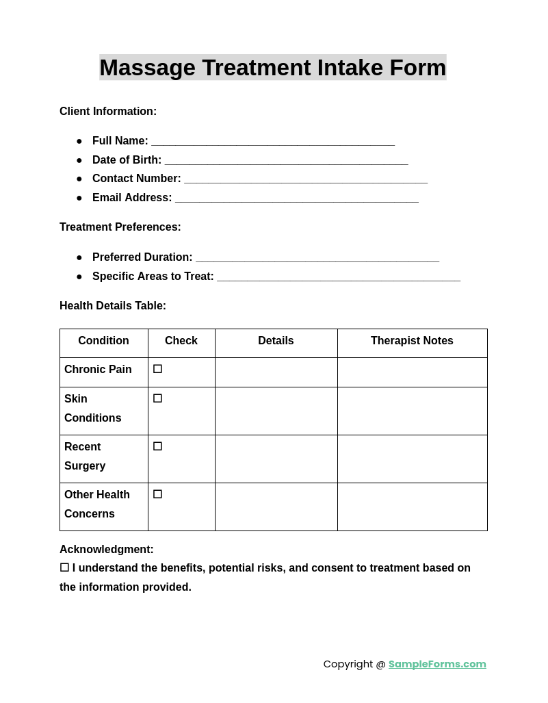 massage treatment intake form