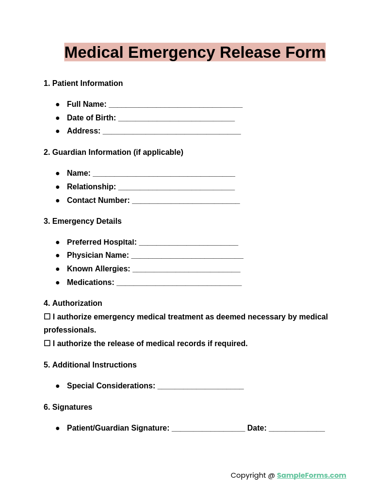 medical emergency release form