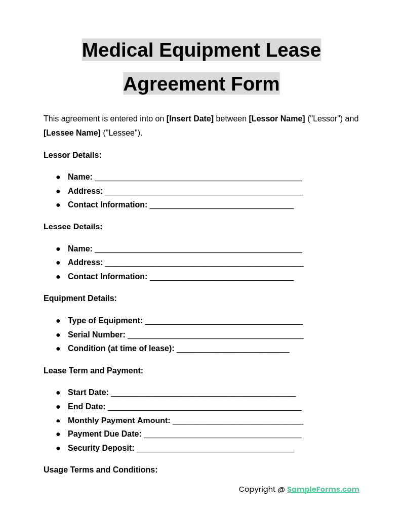 medical equipment lease agreement form