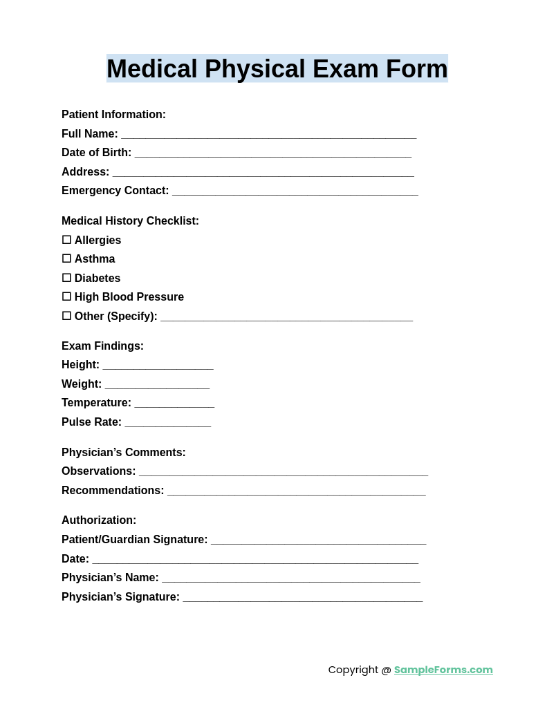 medical physical exam form