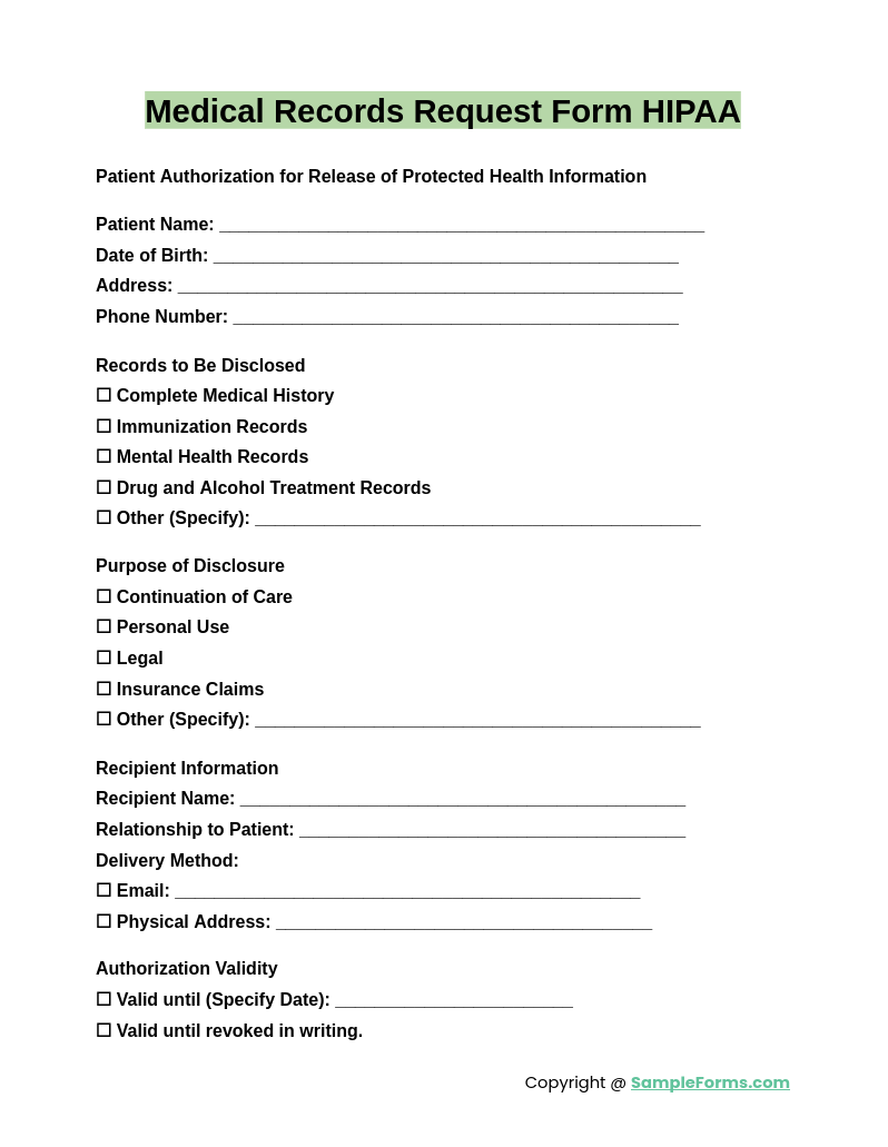 medical records request form hipaa