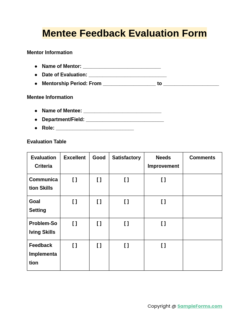 mentee feedback evaluation form