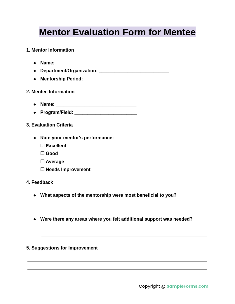 mentor evaluation form for mentee