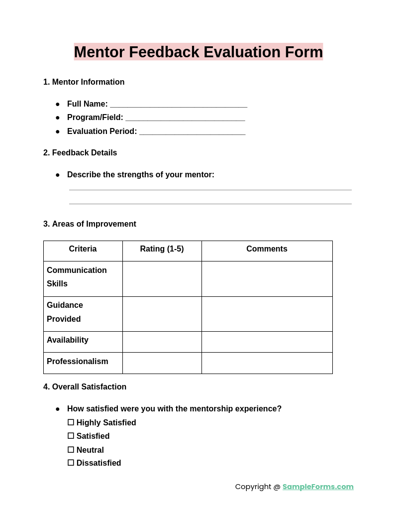 mentor feedback evaluation form