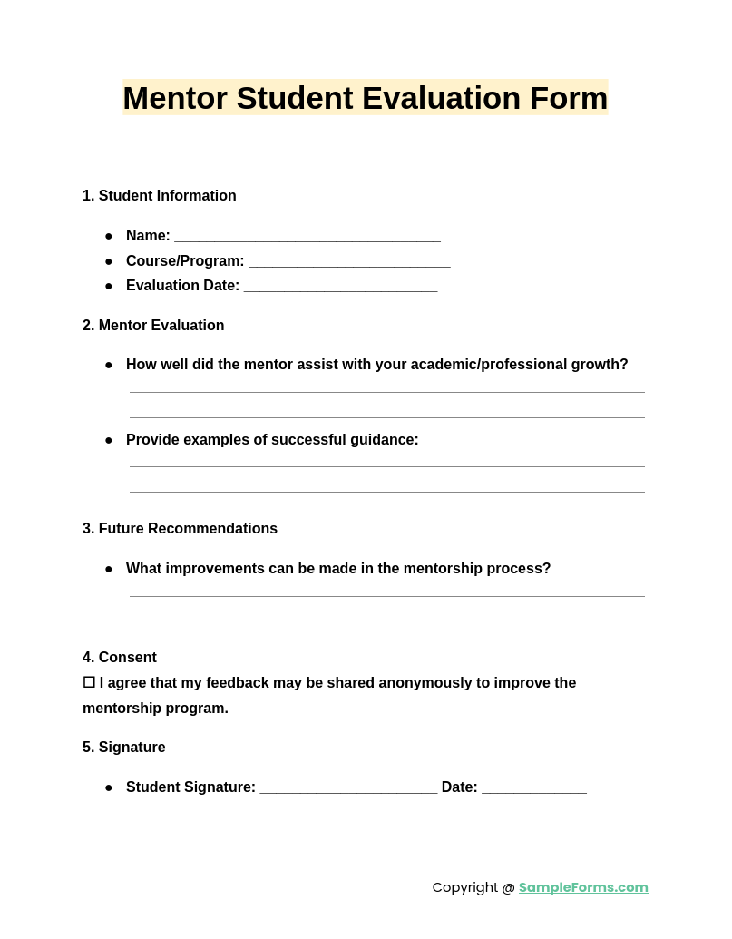 mentor student evaluation form