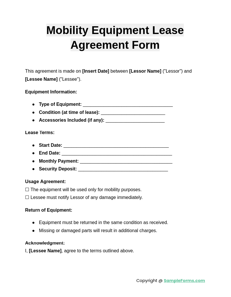 mobility equipment lease agreement form