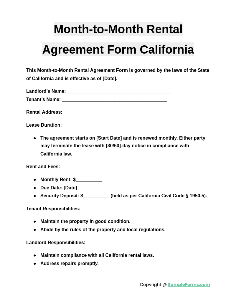 month to month rental agreement form california