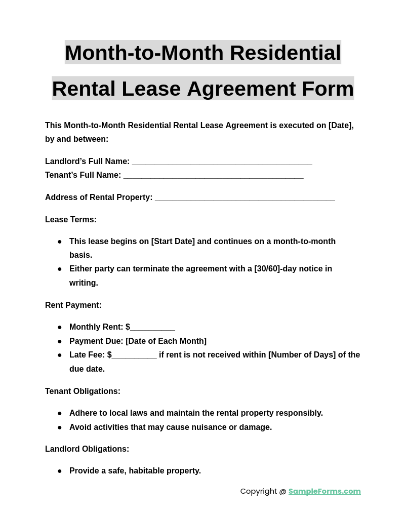 month to month residential rental lease agreement form