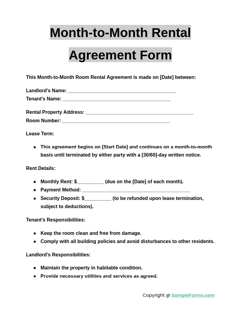 month to month room rental agreement form