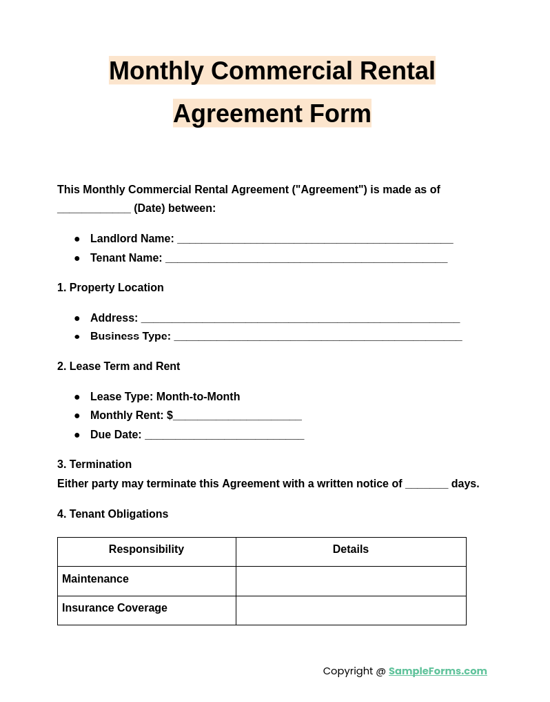 monthly commercial rental agreement form