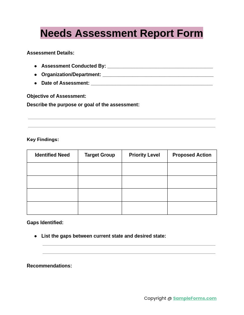 needs assessment report form