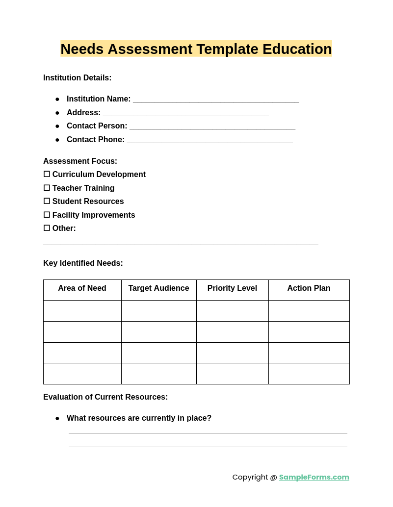 needs assessment template education