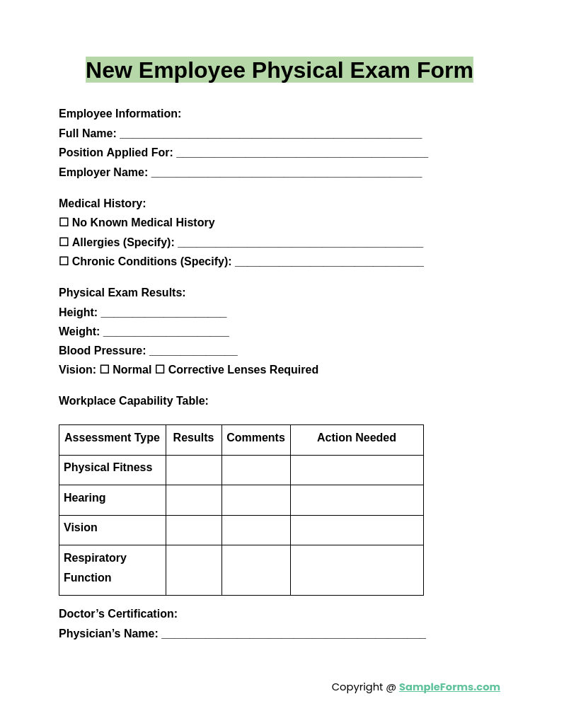 new employee physical exam form