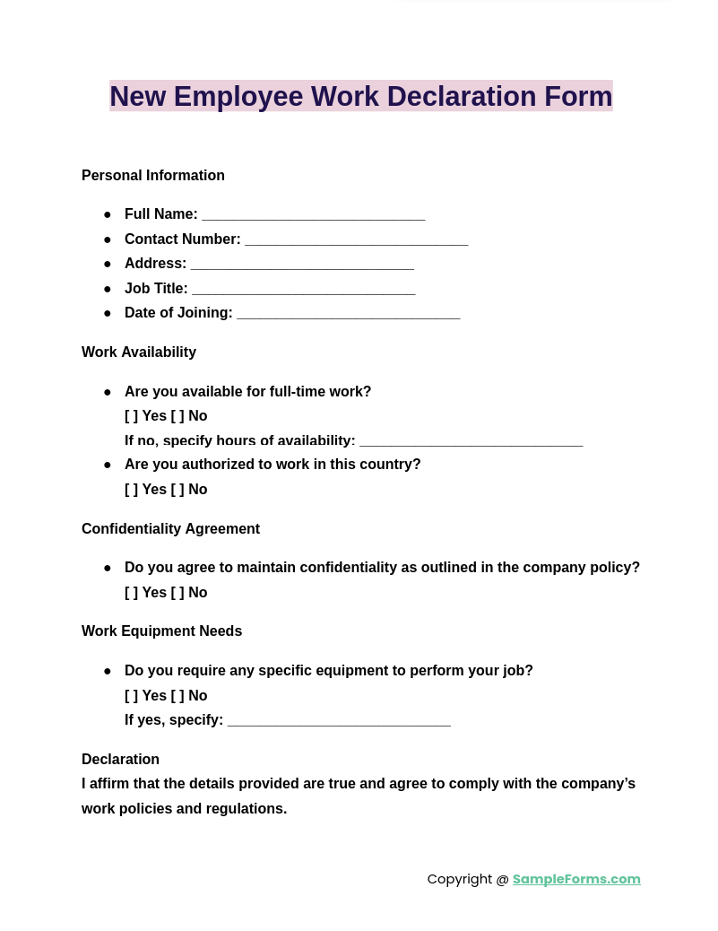 new employee work declaration form