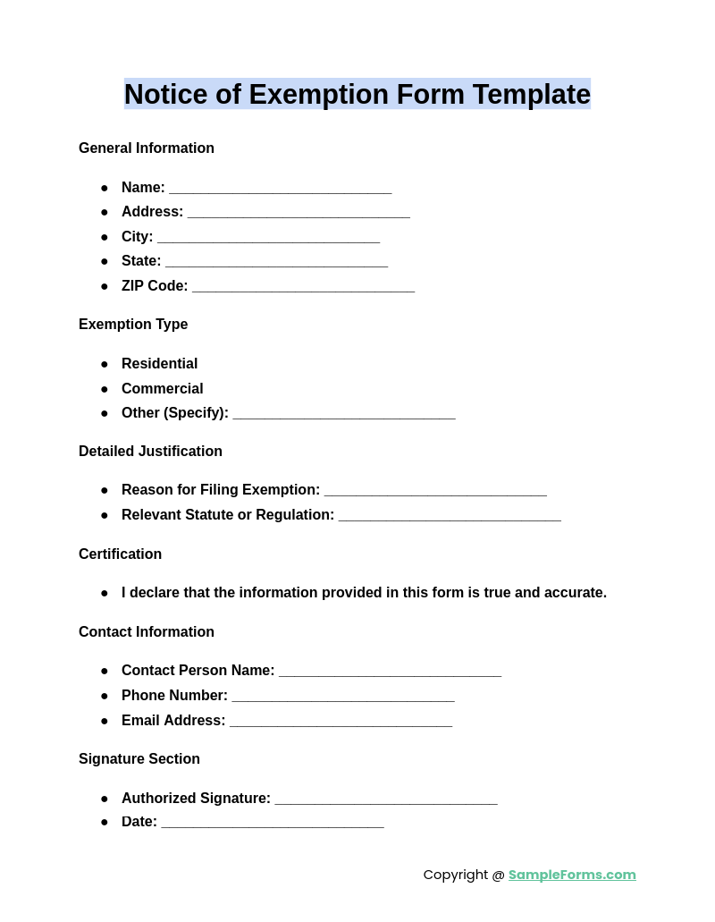 notice of exemption form template