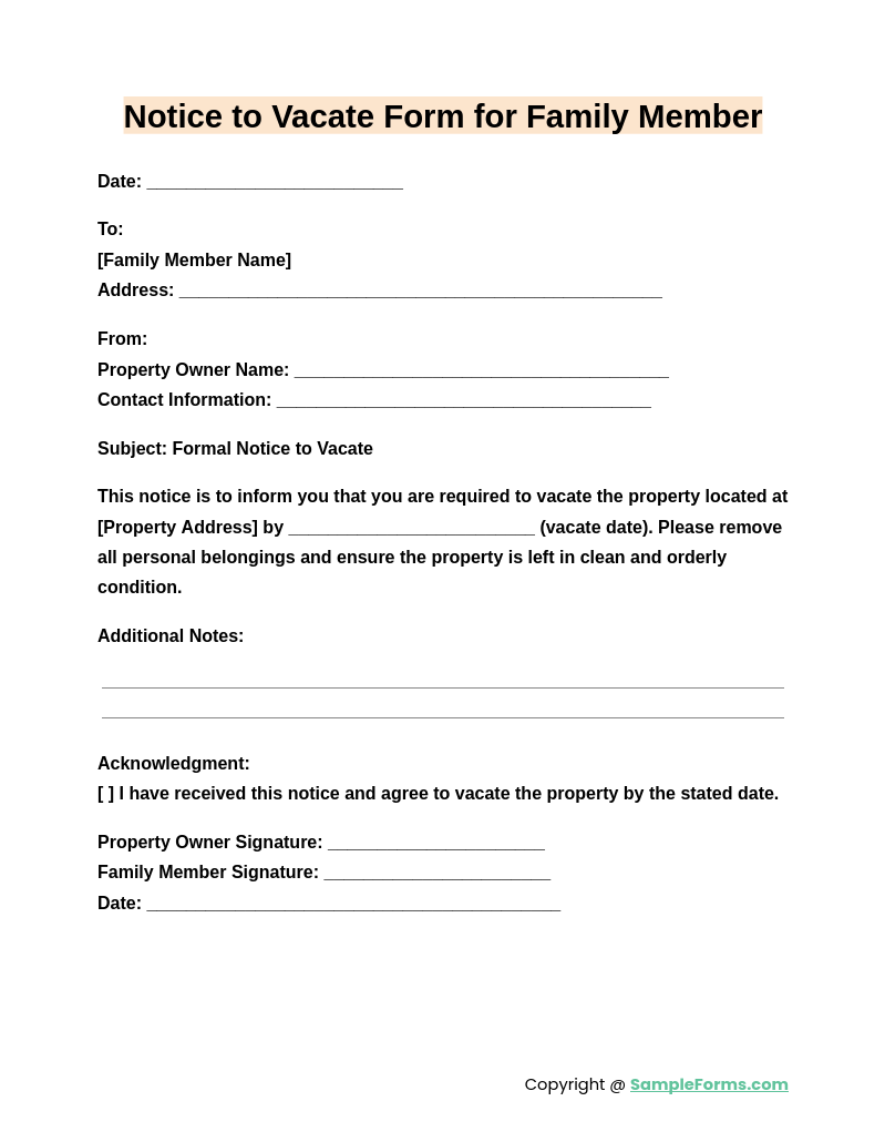 notice to vacate form for family member