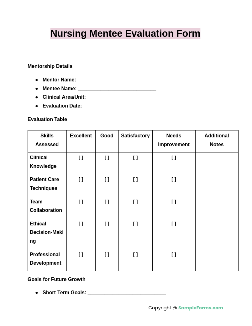 nursing mentee evaluation form