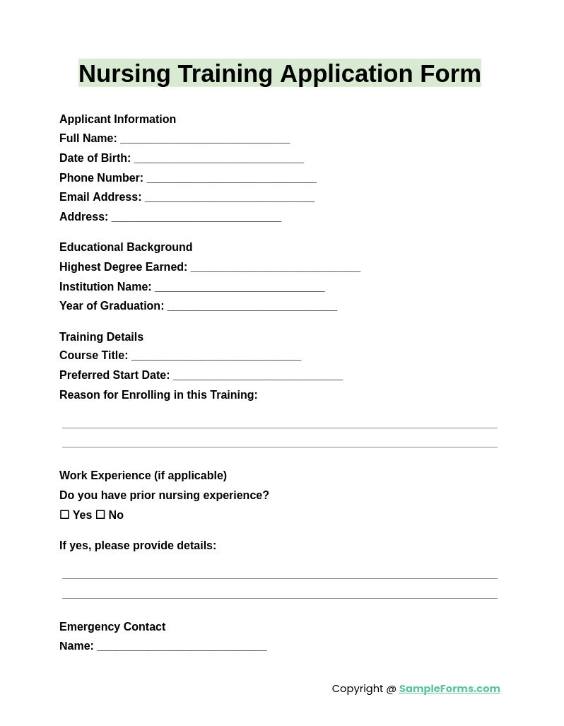 nursing training application form