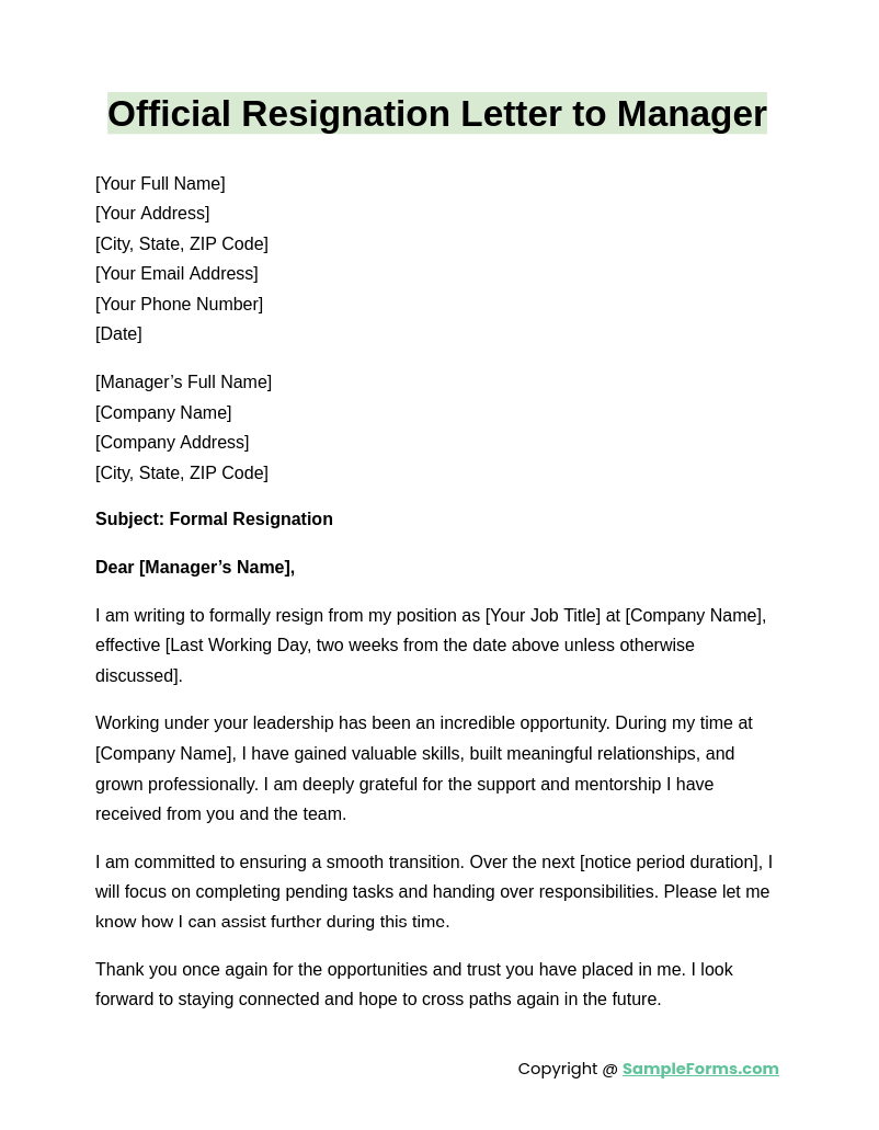 official resignation letter to manager 