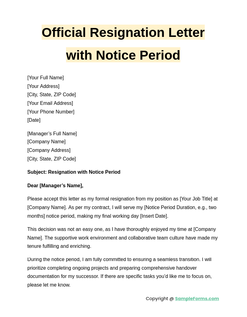 official resignation letter with notice period