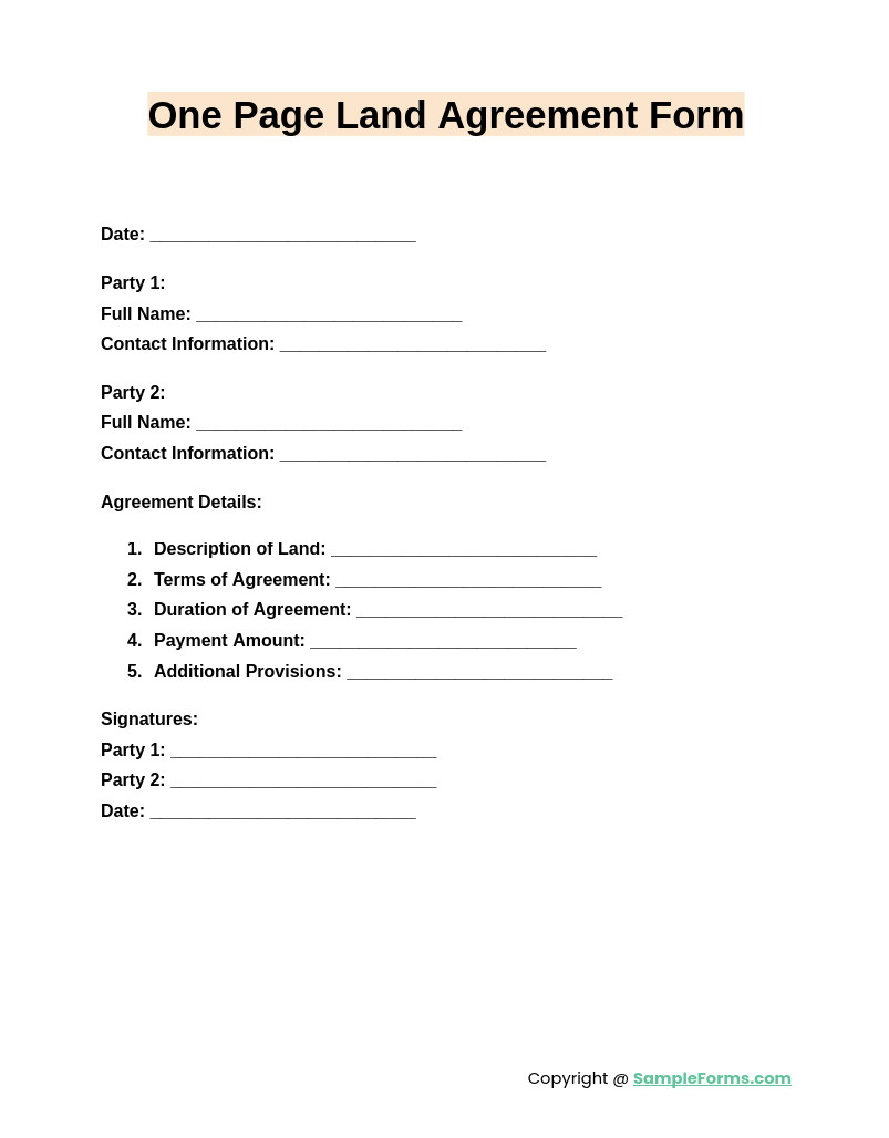 one page land agreement form